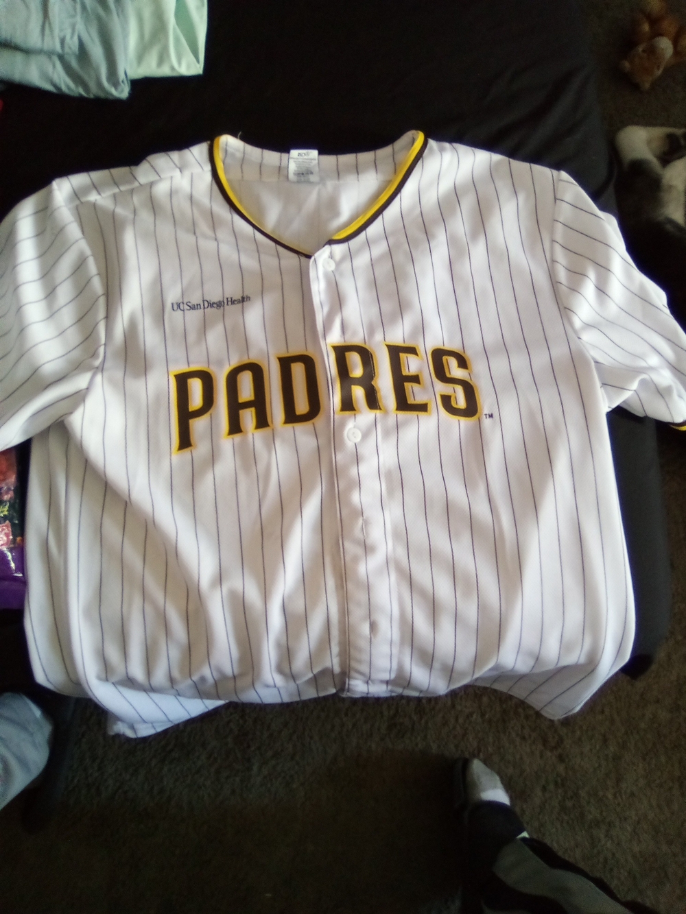 San Diego Padres White Pinstripe Baseball Jersey with Yellow Trim